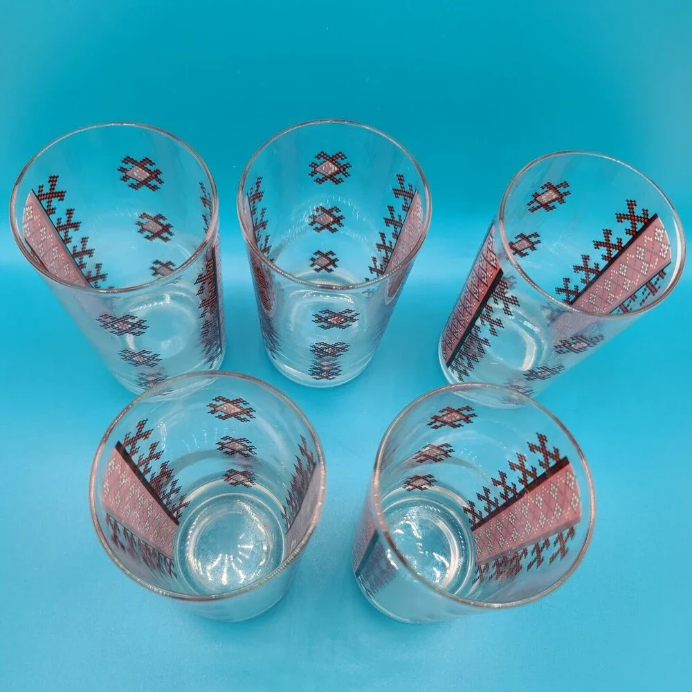 Red Black And White Design Glasses 4.5 Inches Tall Tumblers Set of 5